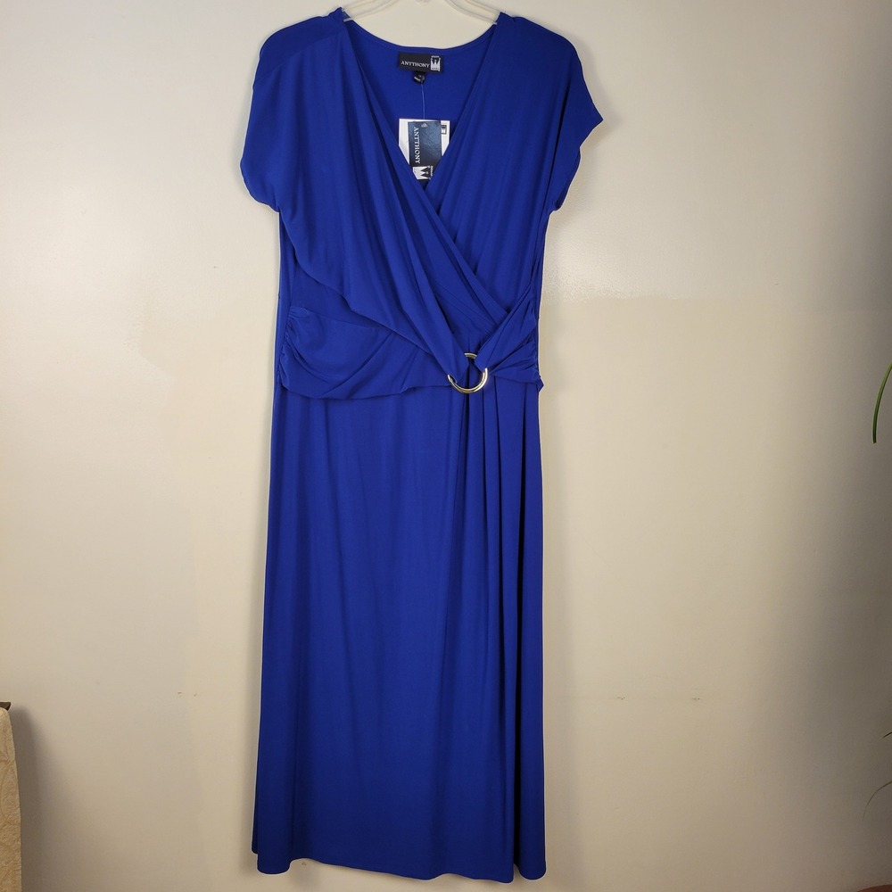 Antthony Royal Blue Faux Wrap Maxi Dress Gold Ring Ruched‎ Plus Size 1X NWT